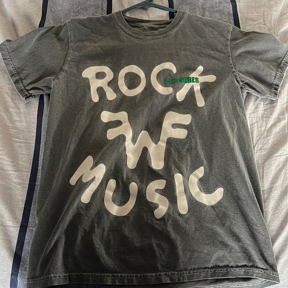 Grey, White, and Green Pleasures Streetwear Shirt.